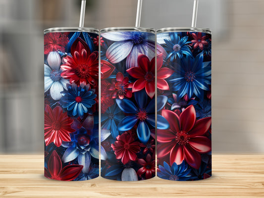 Three red, white, and blue floral pattern tumblers on a wooden surface.