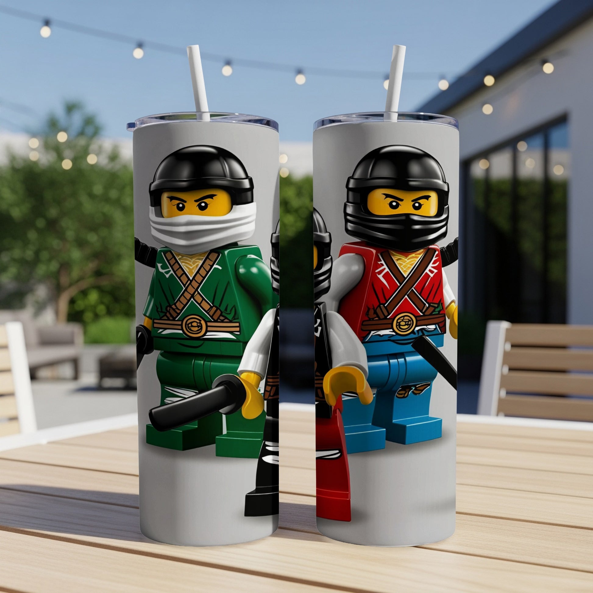 Two Lego ninjas on a tumbler, one green and one red.