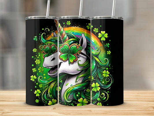 Triptych of tumblers featuring a unicorn with shamrock sunglasses and rainbow.