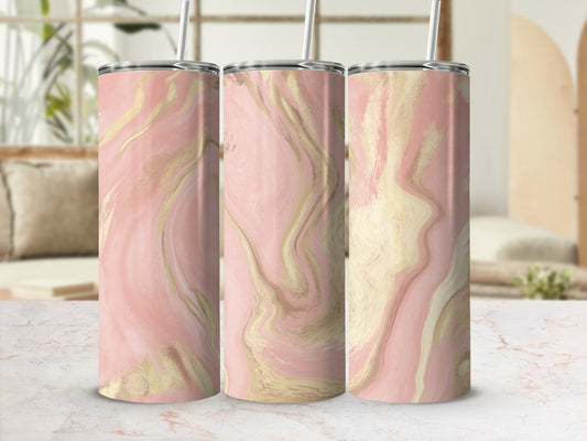Pink and gold marble pattern tumbler with straw, shown in three angles.