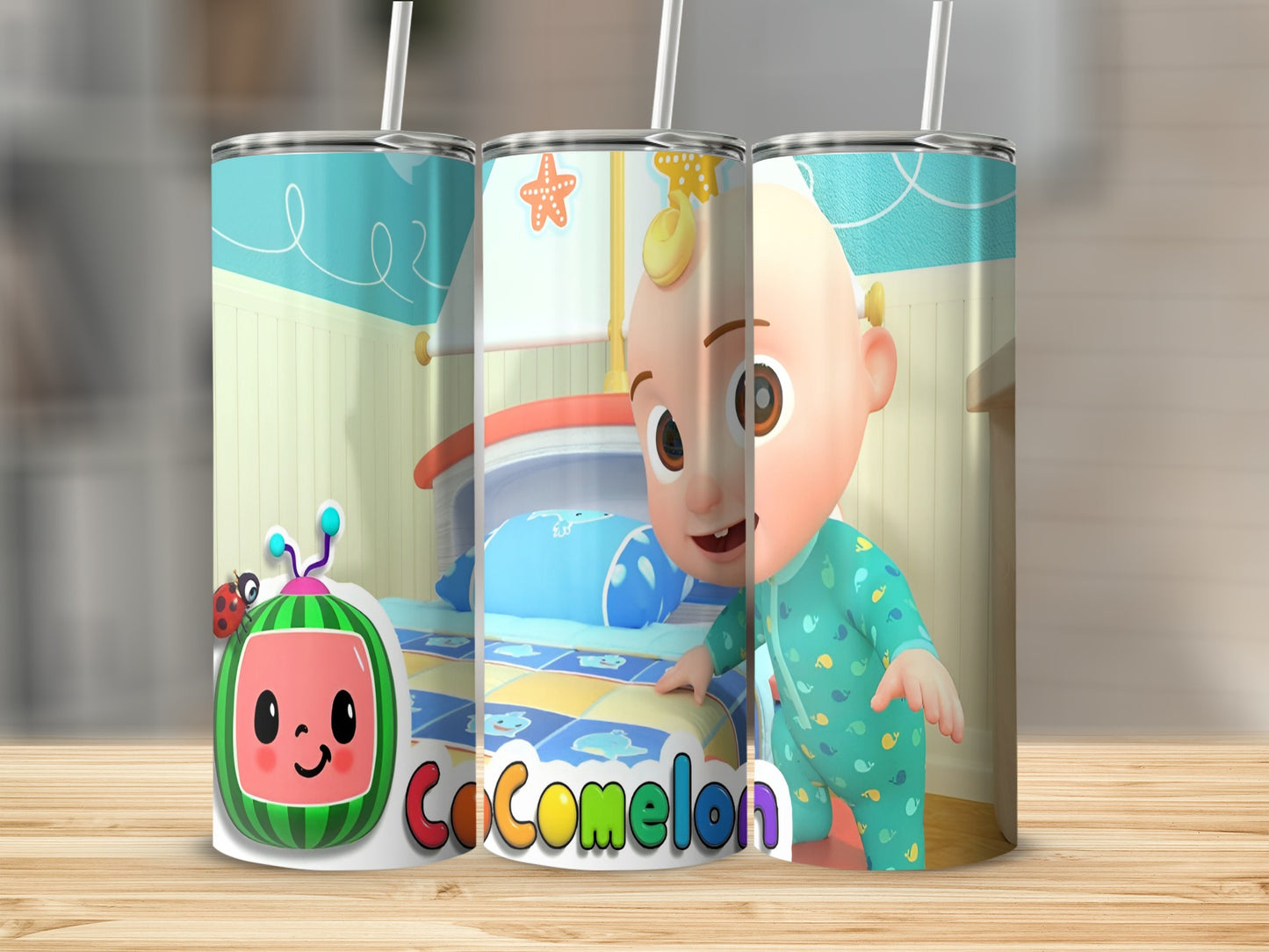 Cocomelon character JJ with watermelon and crib on a tumbler.