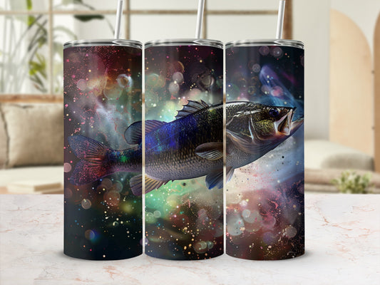 Three tumblers featuring a largemouth bass with colorful bokeh background.