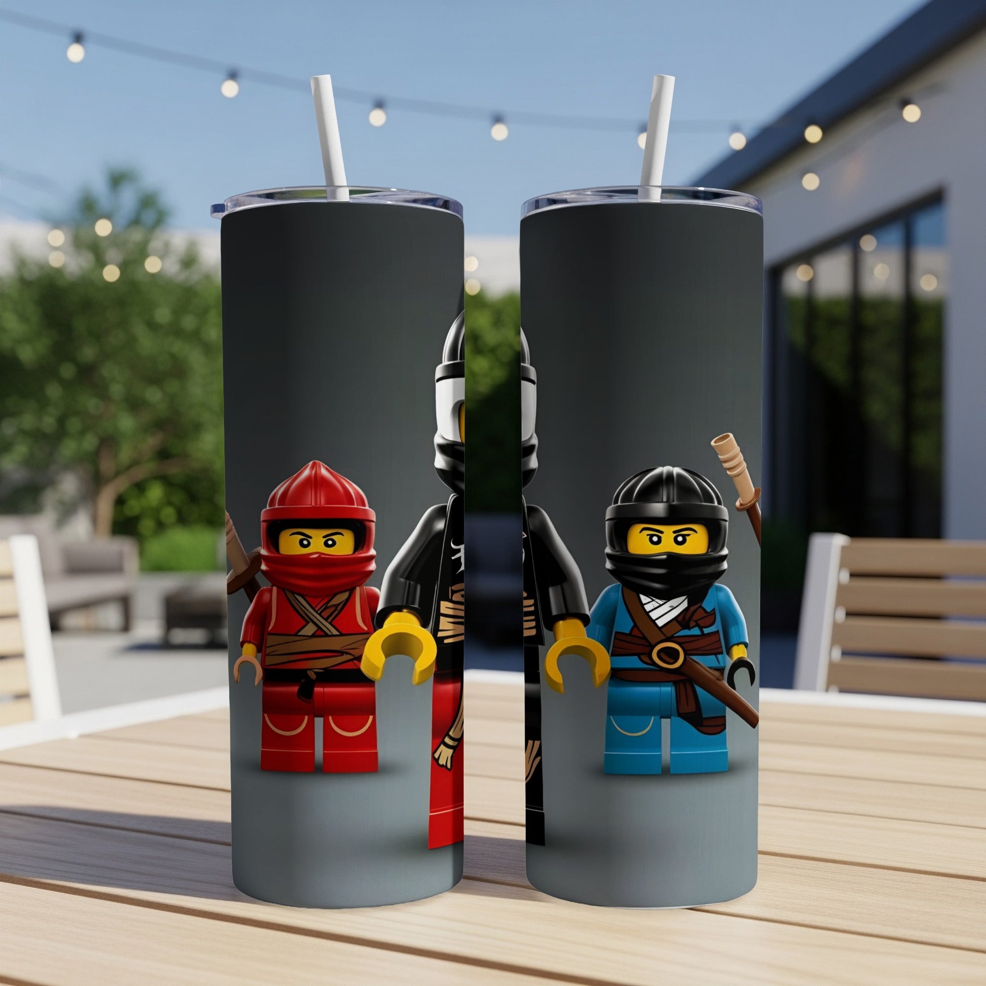 Two Lego Ninjago character tumblers with straws.