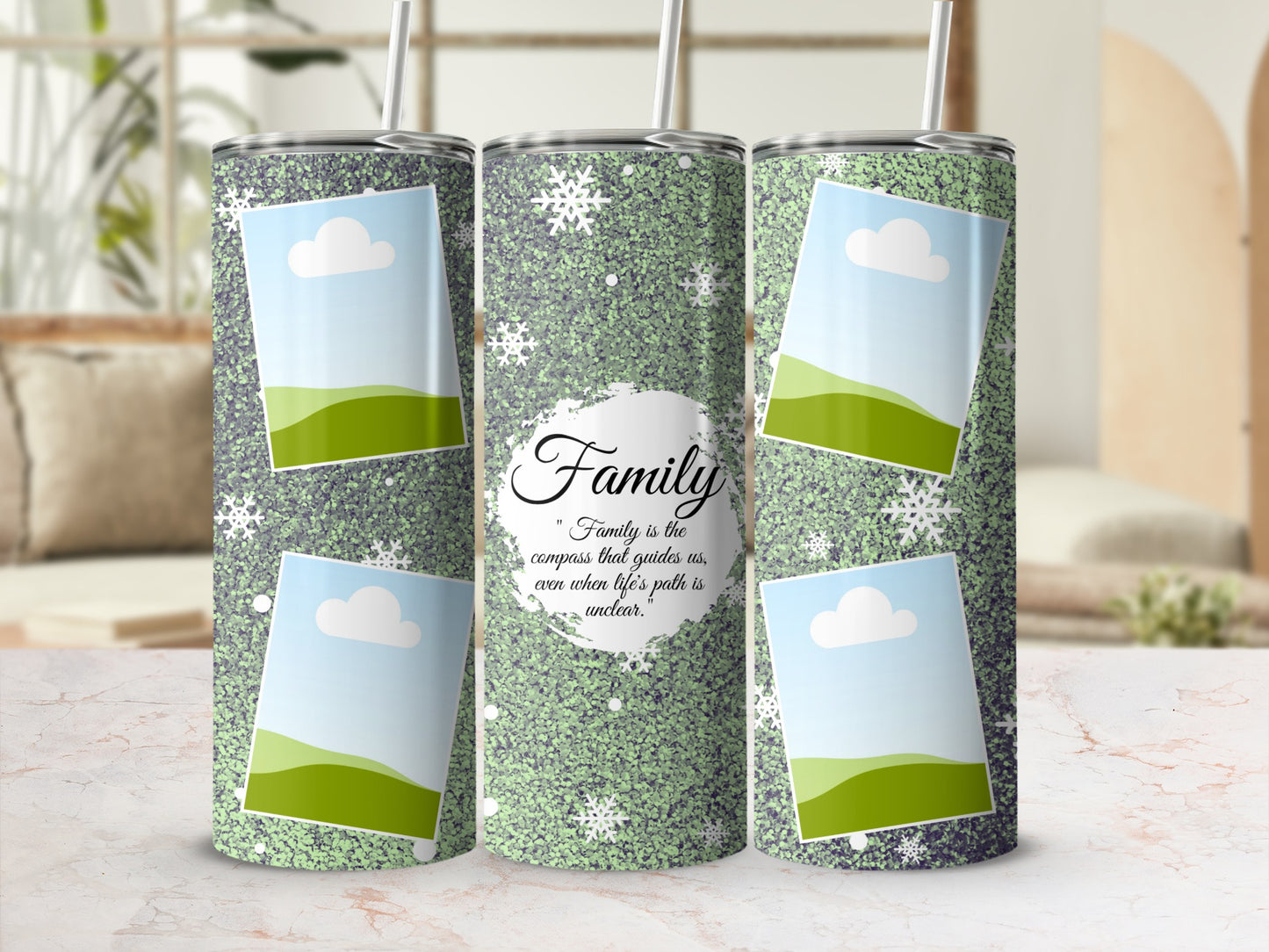 Tumbler with green glitter, snowflakes, and family quote with photo placeholders.