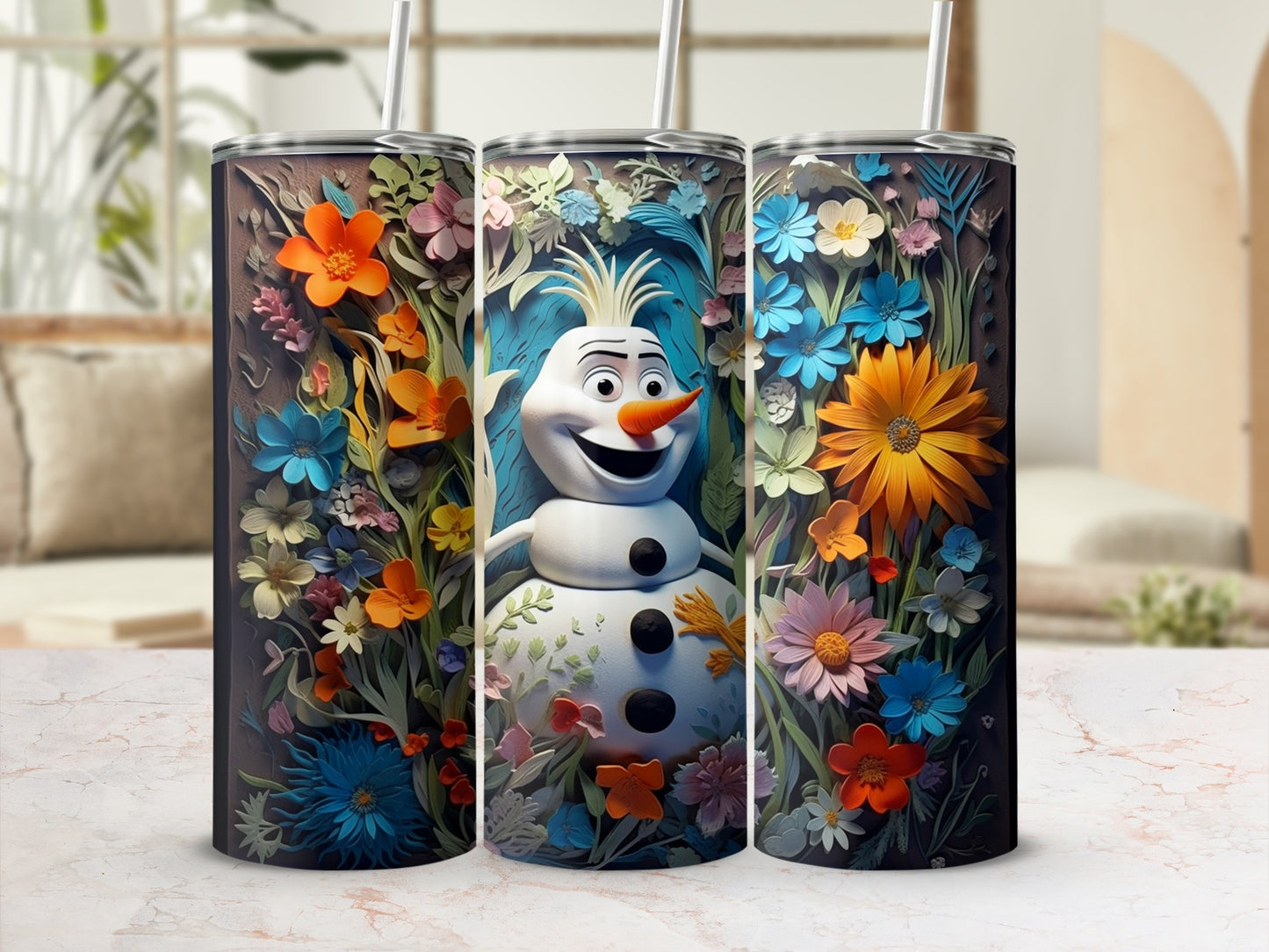 Colorful Floral and Snowman Design Tumbler Cups