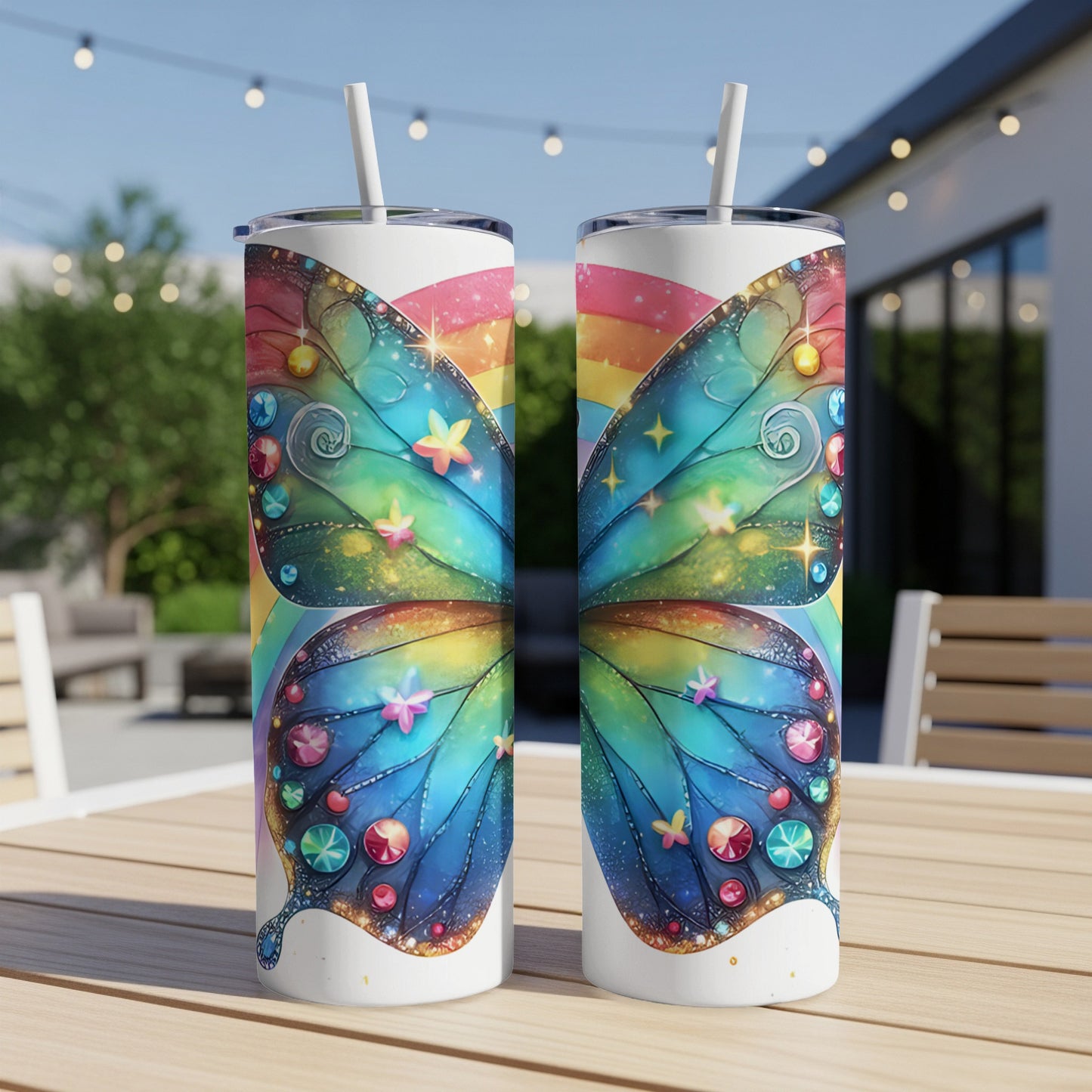 Two tumblers with a colorful butterfly wing design and rainbow background.