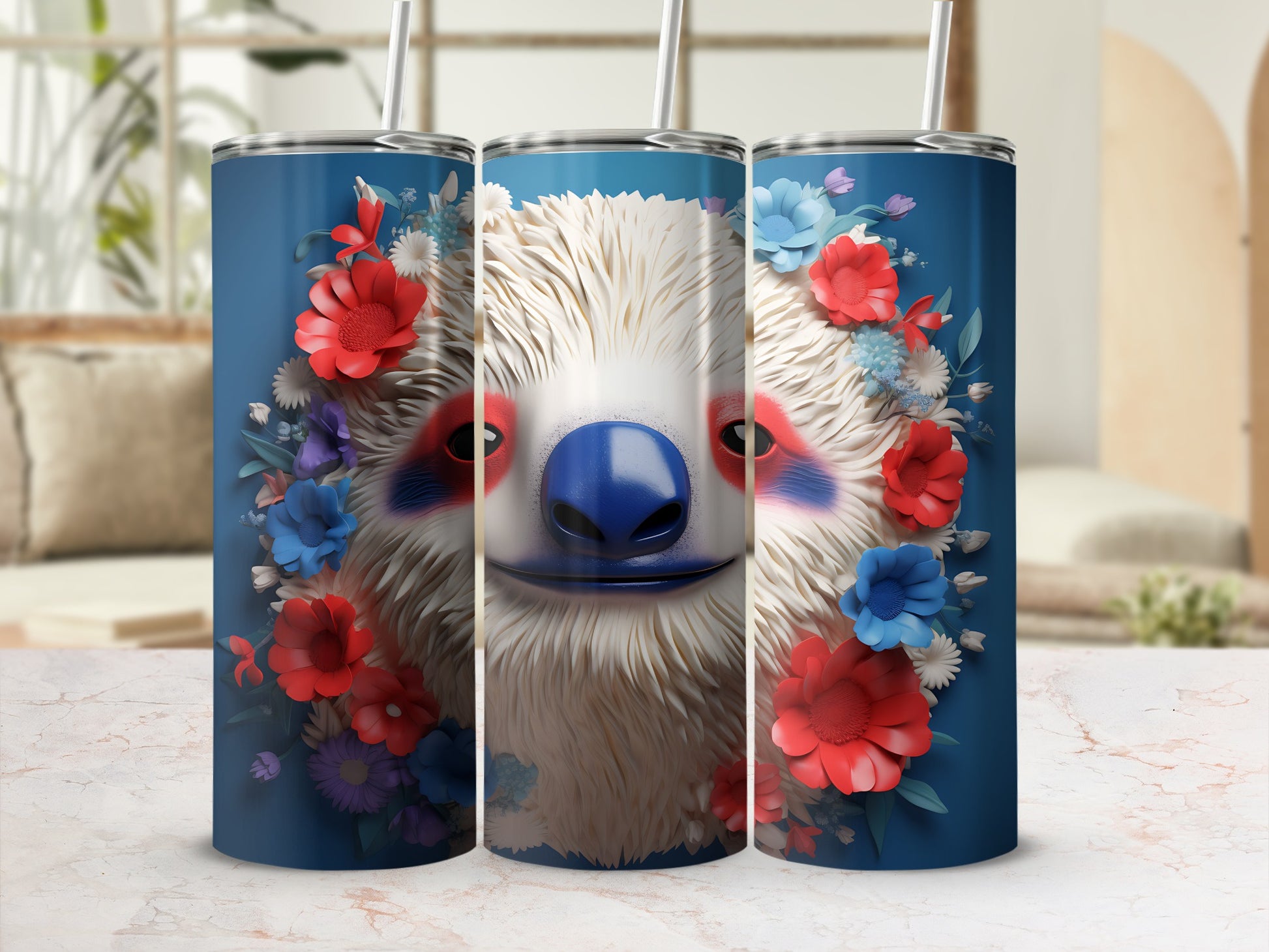 Sloth face tumbler with blue and red flowers and white background.