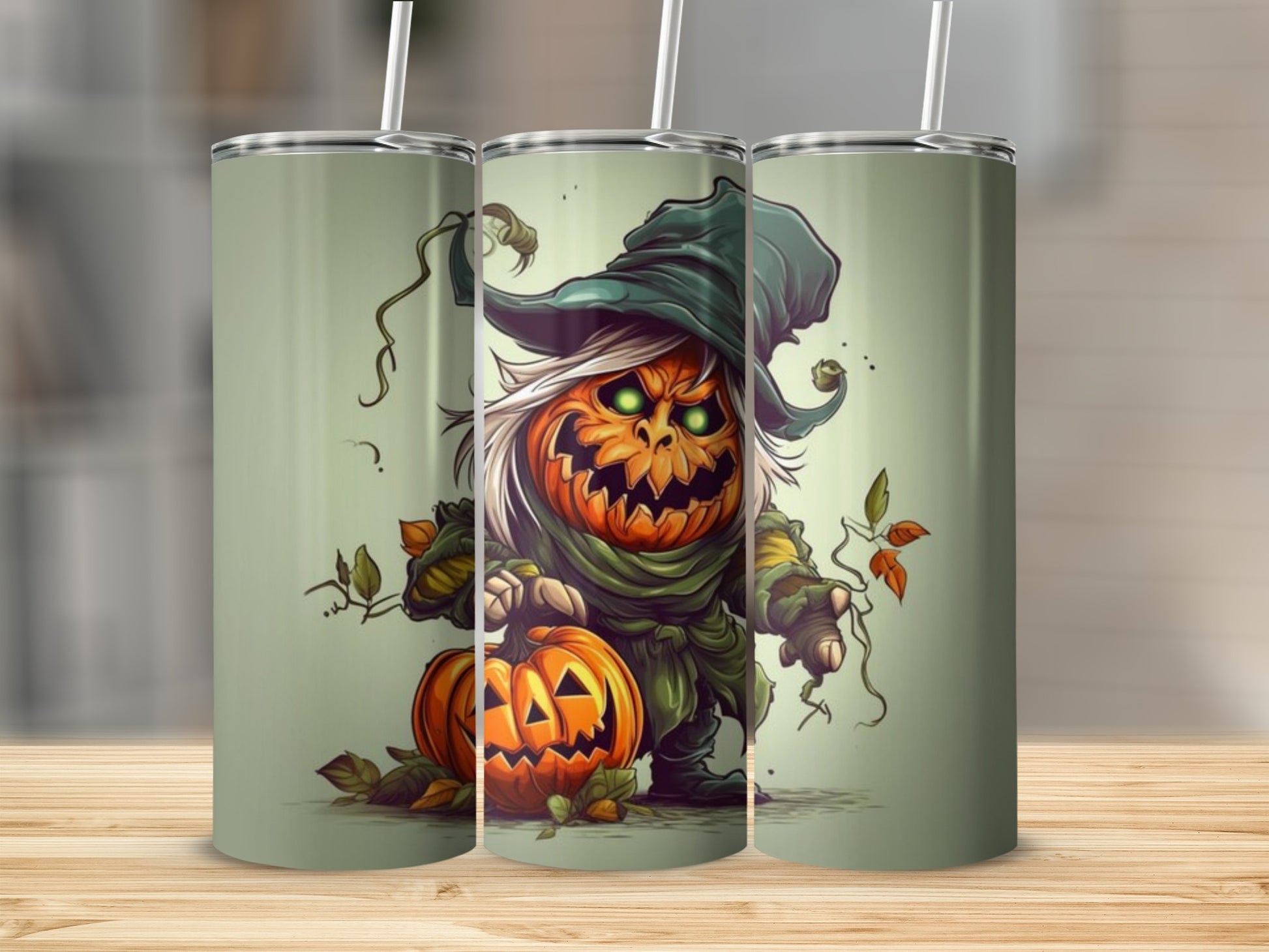 A spooky jack-o'-lantern scarecrow character holding a pumpkin.