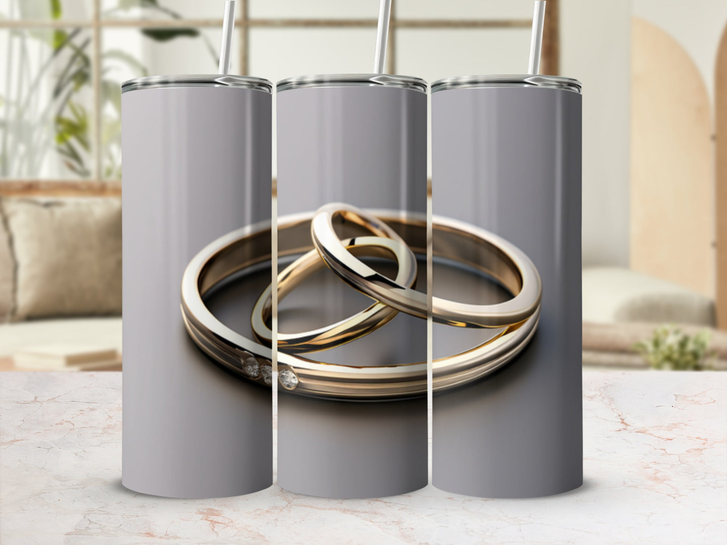 Three golden wedding rings with small diamonds, arranged in a circle.