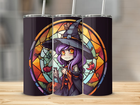 Stained glass witch with purple hair, holding a pumpkin basket.