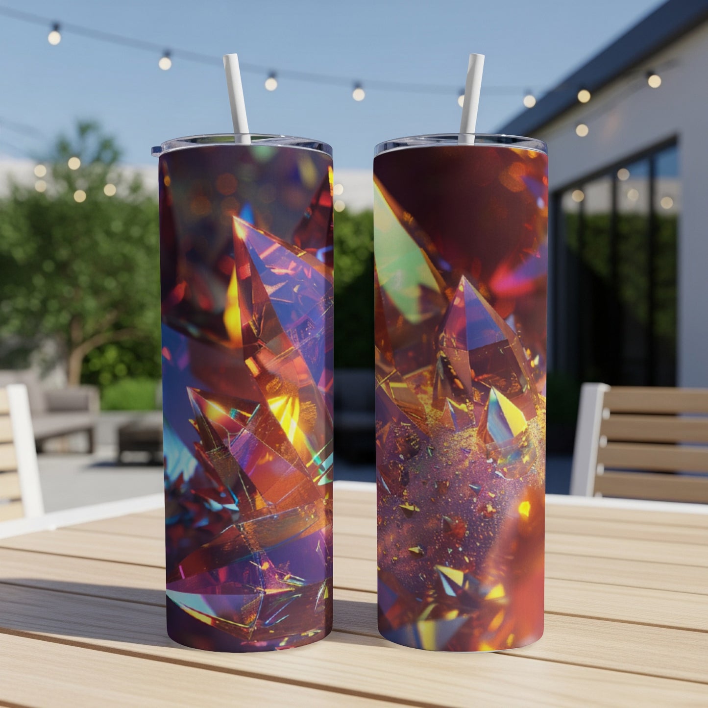 Two tumblers with iridescent crystal designs sit on a wooden table.