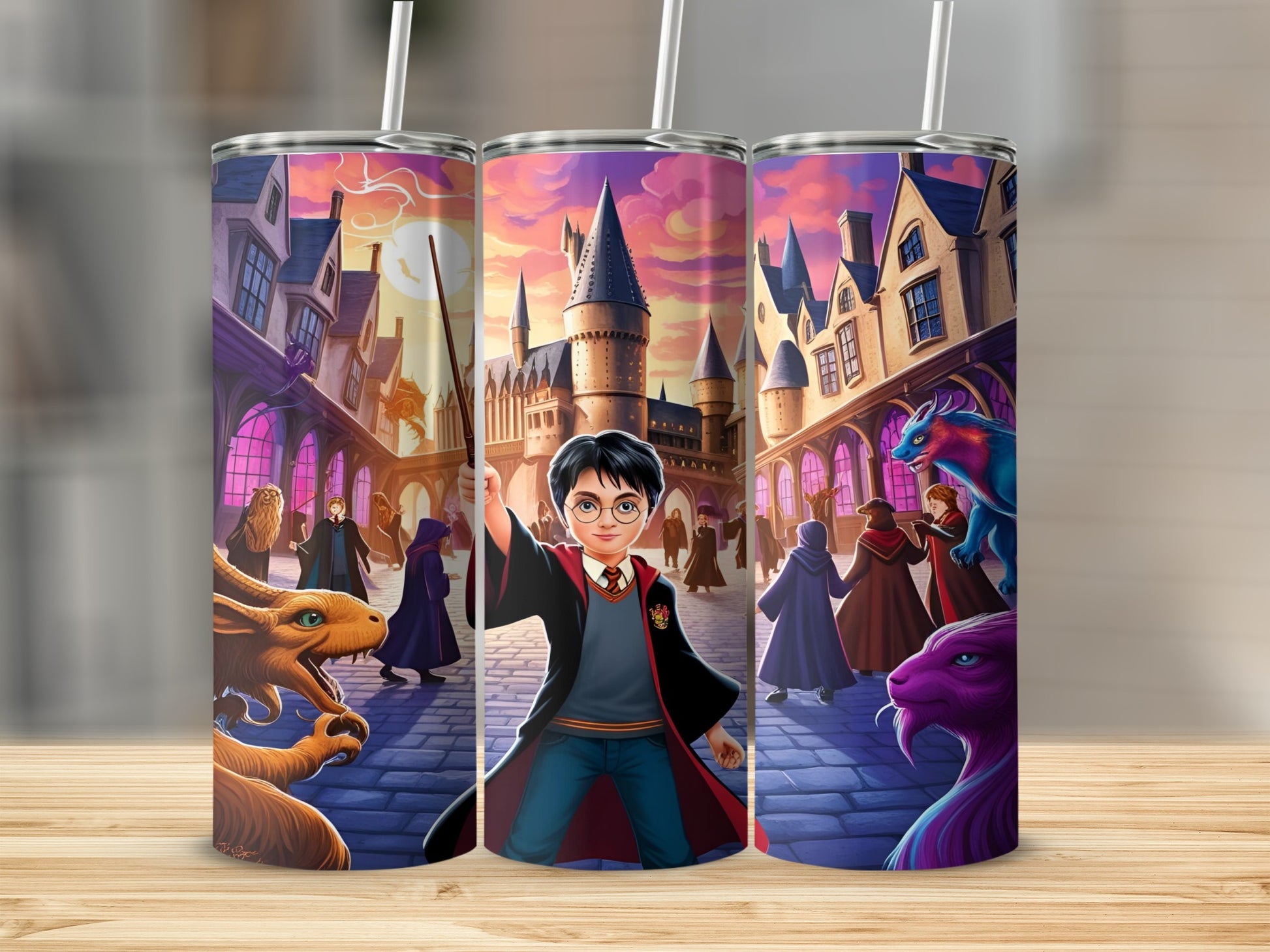 Harry Potter characters and castle in a magical street scene.