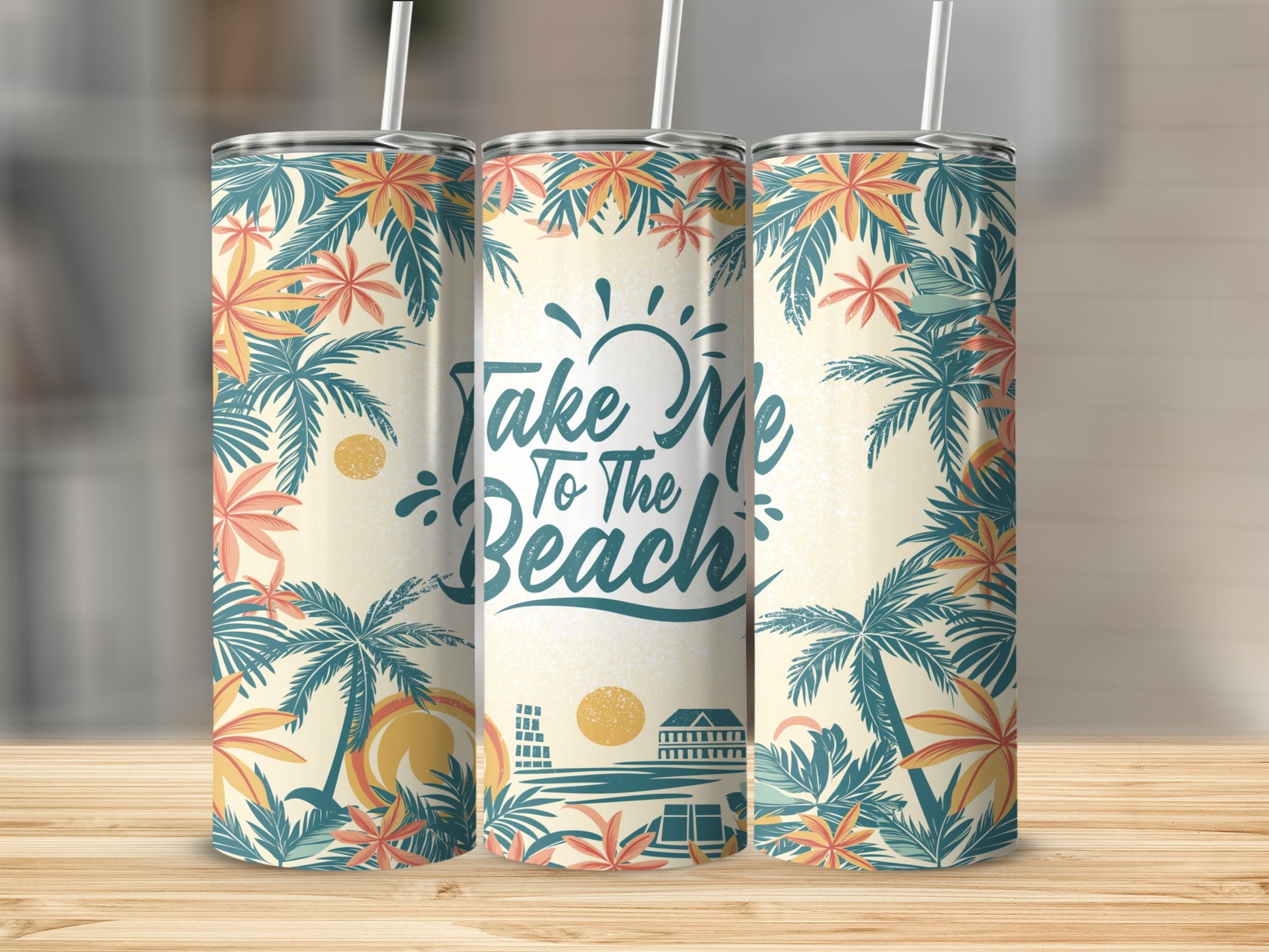 Tumbler with "Take Me To The Beach" text, palm trees, and a sunset scene.