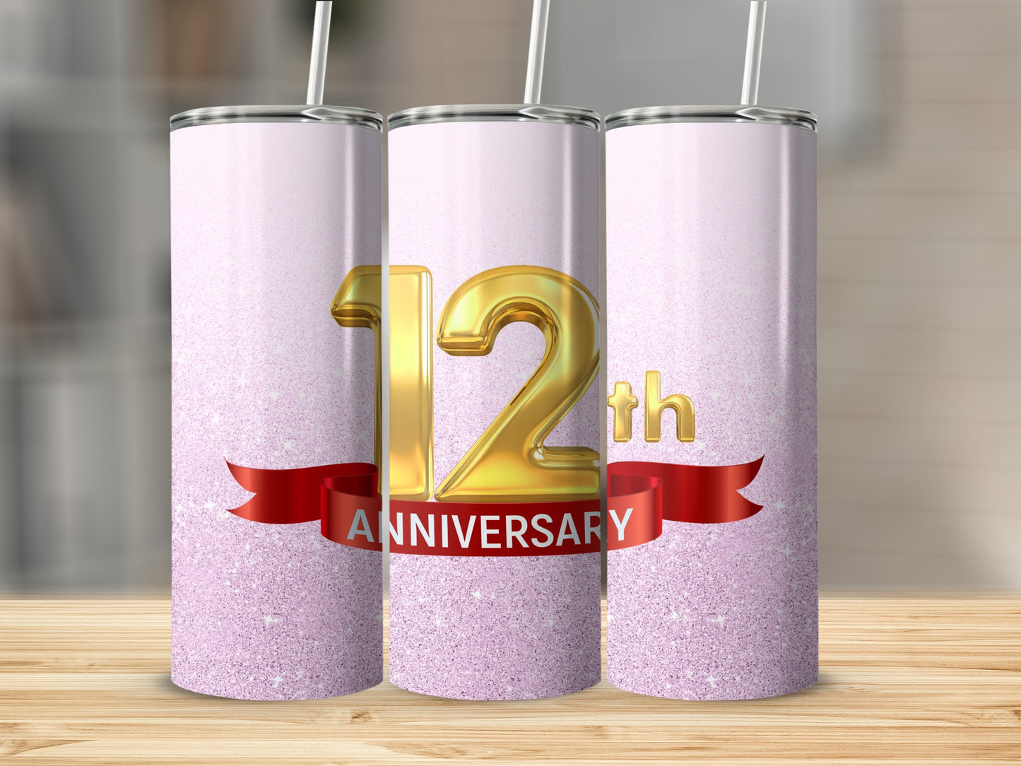 Three tall, pink glitter tumblers celebrating a 12th anniversary with a gold numeral and red ribbon.