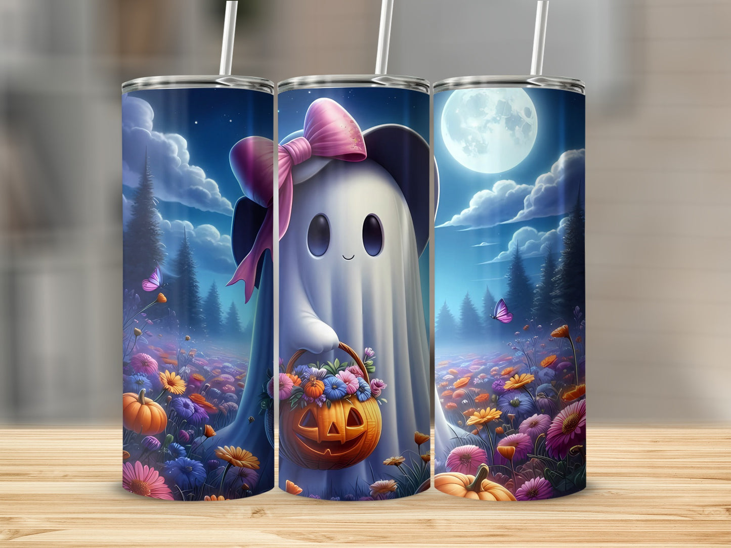 Ghost holding a jack-o'-lantern basket in a moonlit floral field with butterflies.