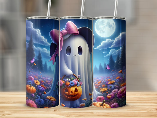 Ghost holding a jack-o'-lantern basket in a moonlit floral field with butterflies.