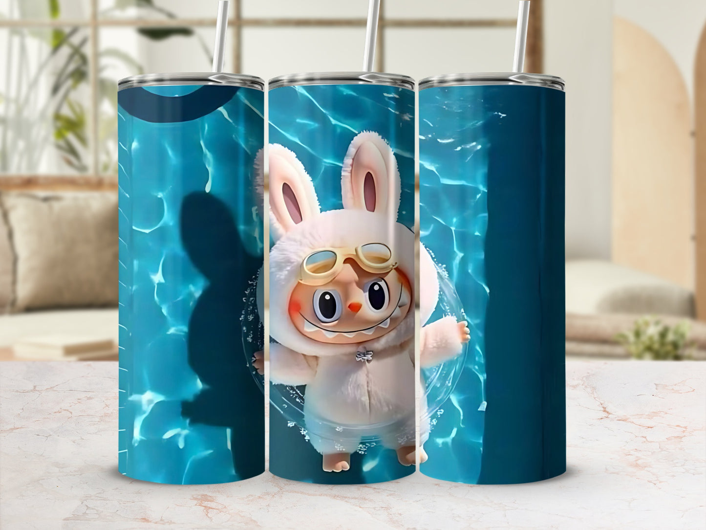 Cute Cartoon Swimming Bunny Design Tumbler Cup