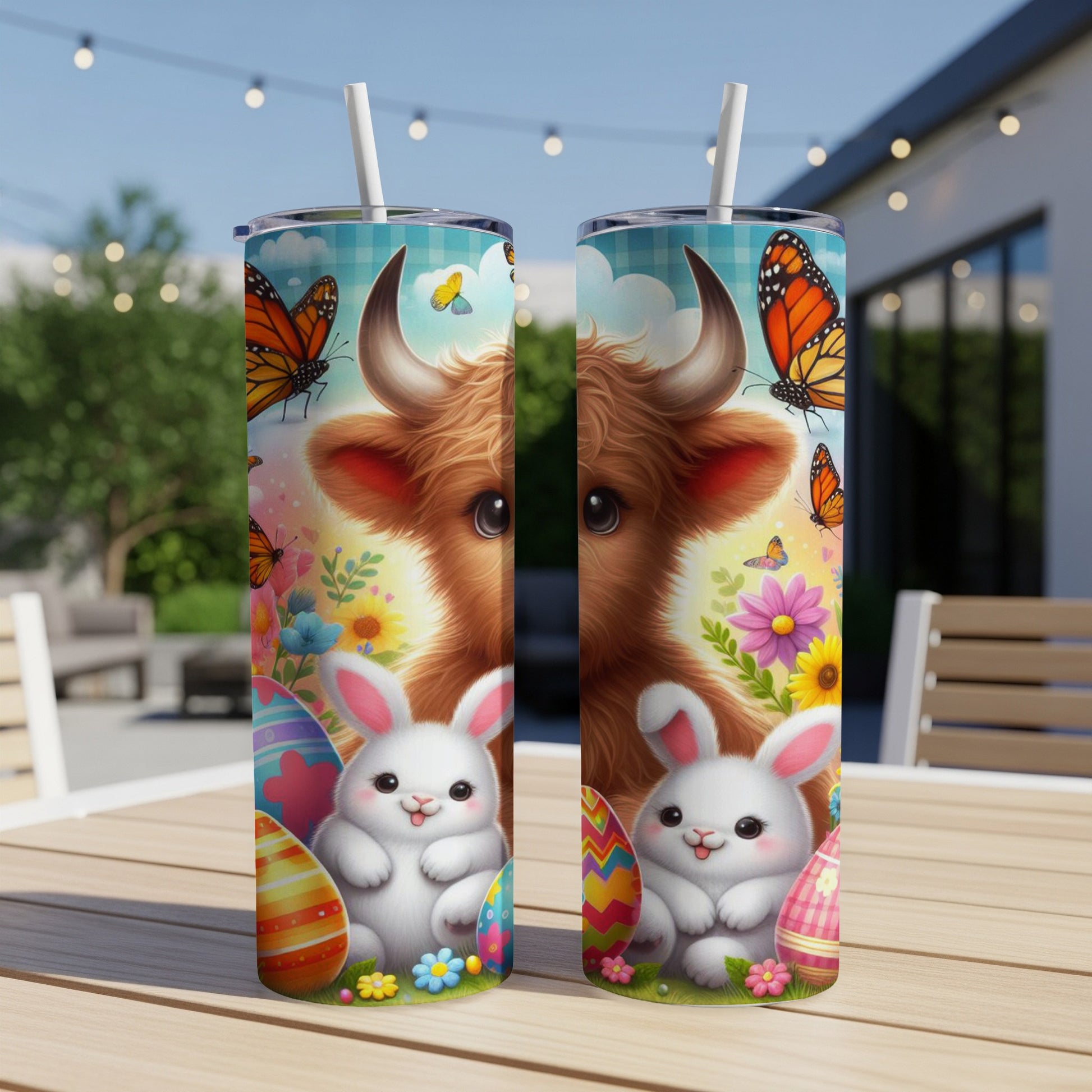 Highland cow and Easter bunnies with butterflies and painted eggs.