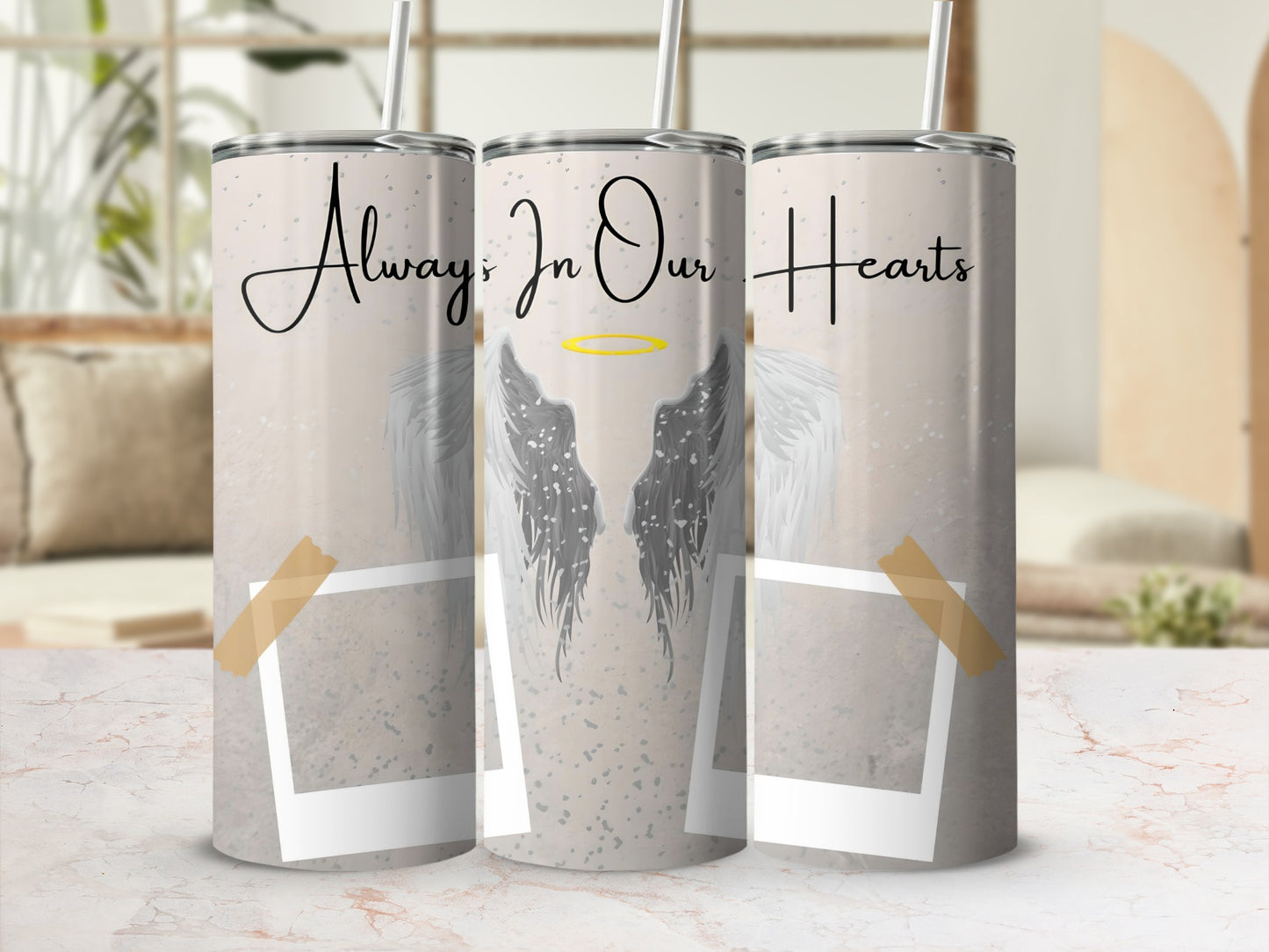 Three tumblers with angel wings and "Always In Our Hearts" text.