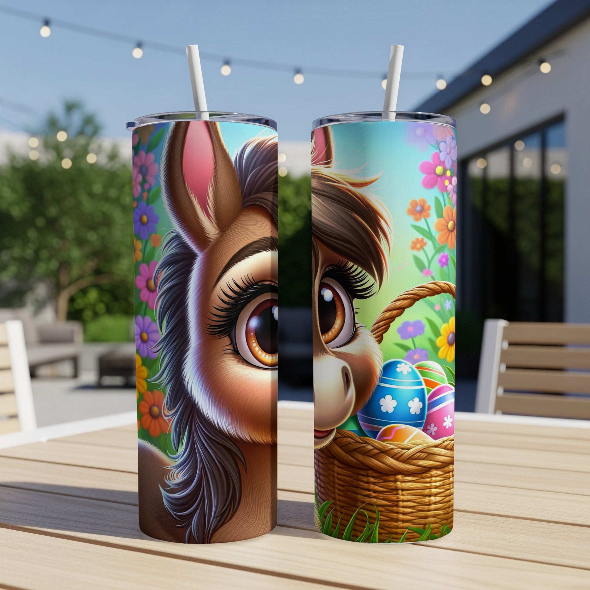 Donkey face with Easter eggs in basket on a tumbler.