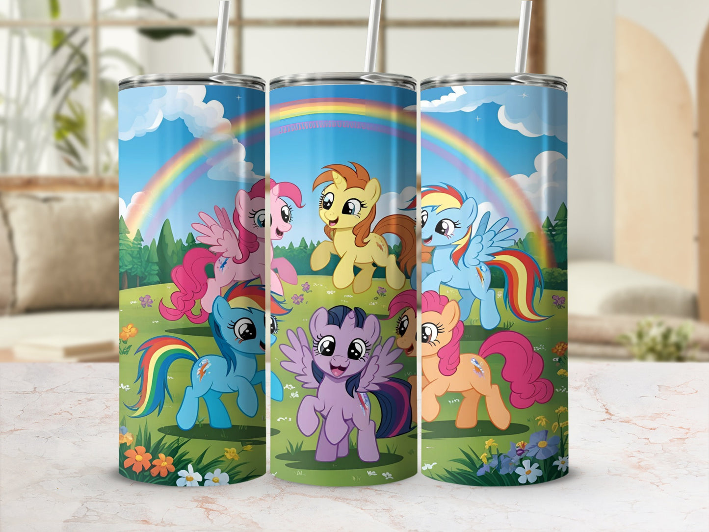 My Little Pony characters dancing in a field with a rainbow.
