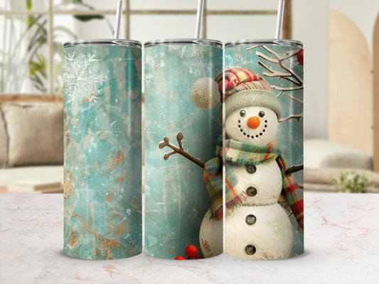 Snowman wearing a scarf and hat, surrounded by snow and snowflakes.