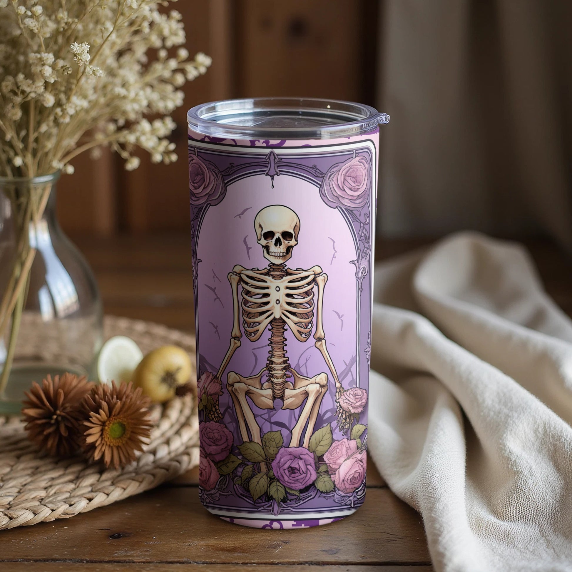 Skeleton and Roses Design Tumbler for a Unique Style