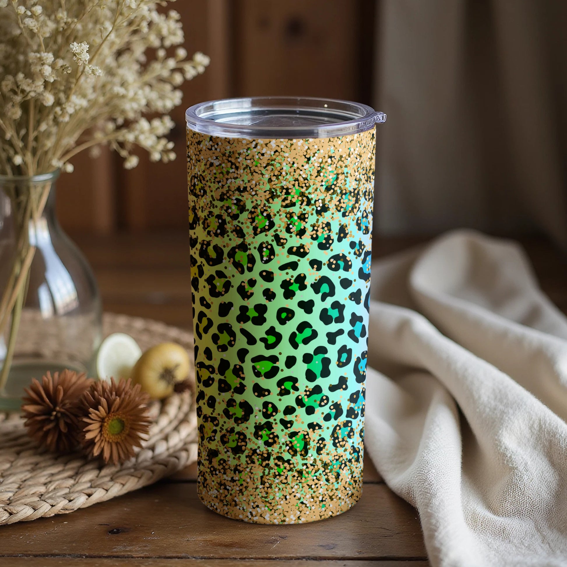 Leopard Print Glitter Gradient Travel Tumbler
