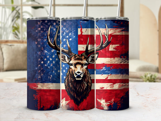 Deer head on American flag patterned tumbler with straw.