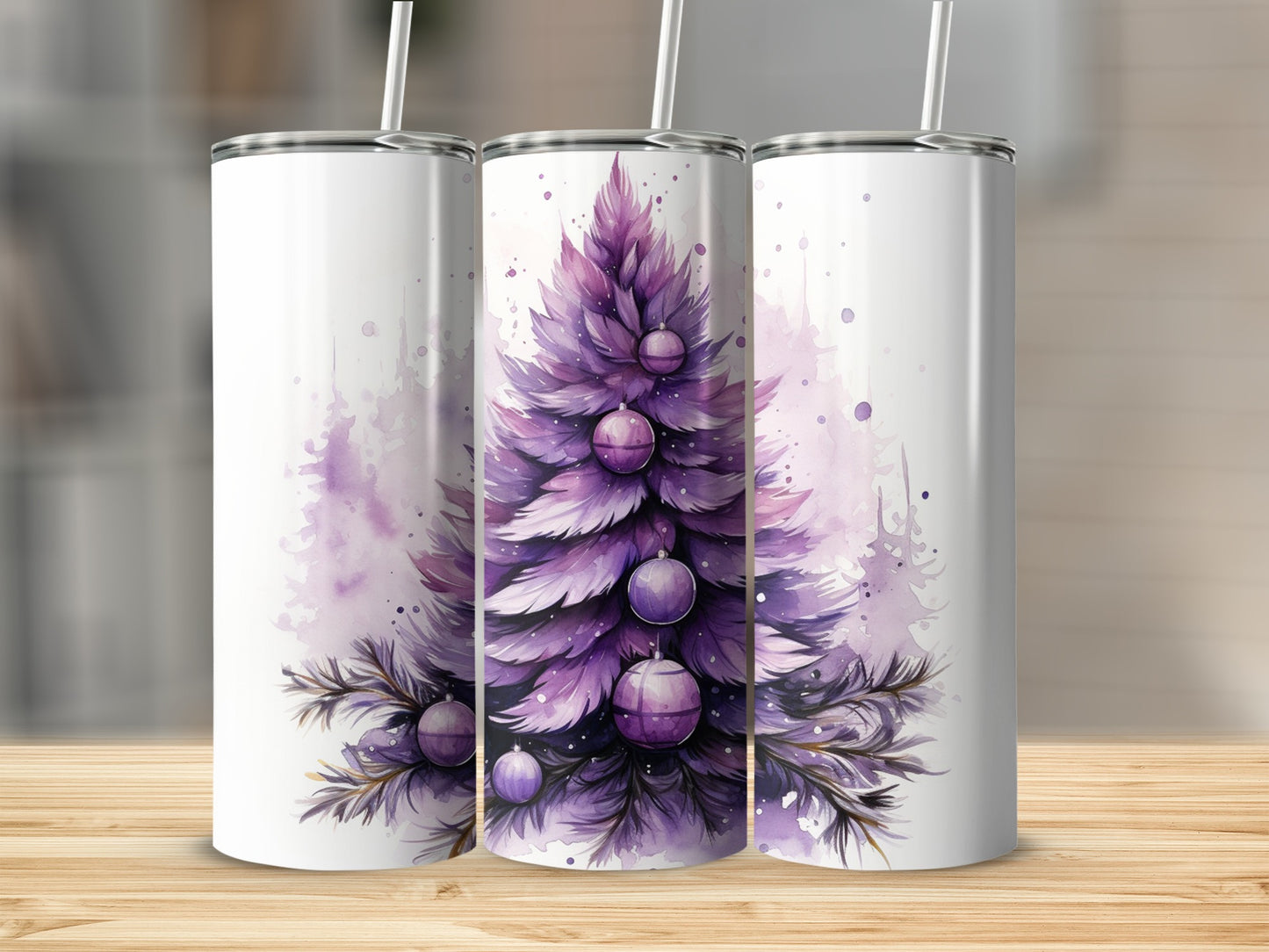 Three tumblers featuring a purple watercolor Christmas tree with ornaments.