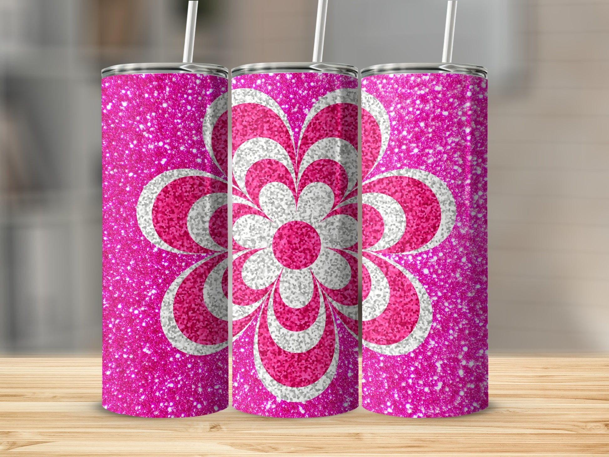 Vibrant Pink Glitter with Floral Design Tumbler