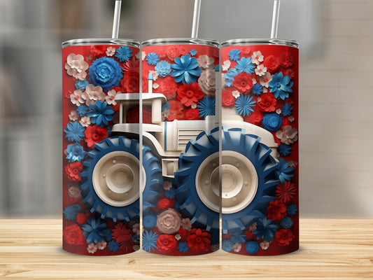 Tractor with patriotic red, white, and blue flowers on a tumbler.