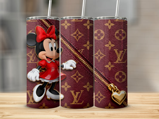Minnie Mouse on a maroon tumbler with gold zipper and LV pattern.