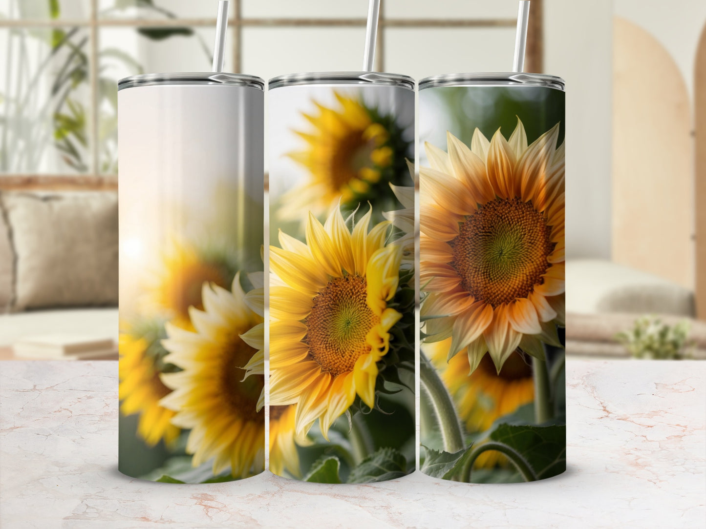Three tumblers featuring close-ups of sunflowers in soft sunlight.