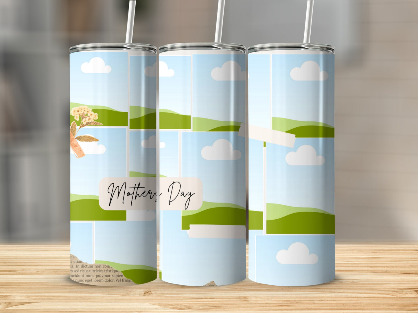 Tumblers with "Mother's Day" text and a collage of sky, clouds, and rolling green hills.