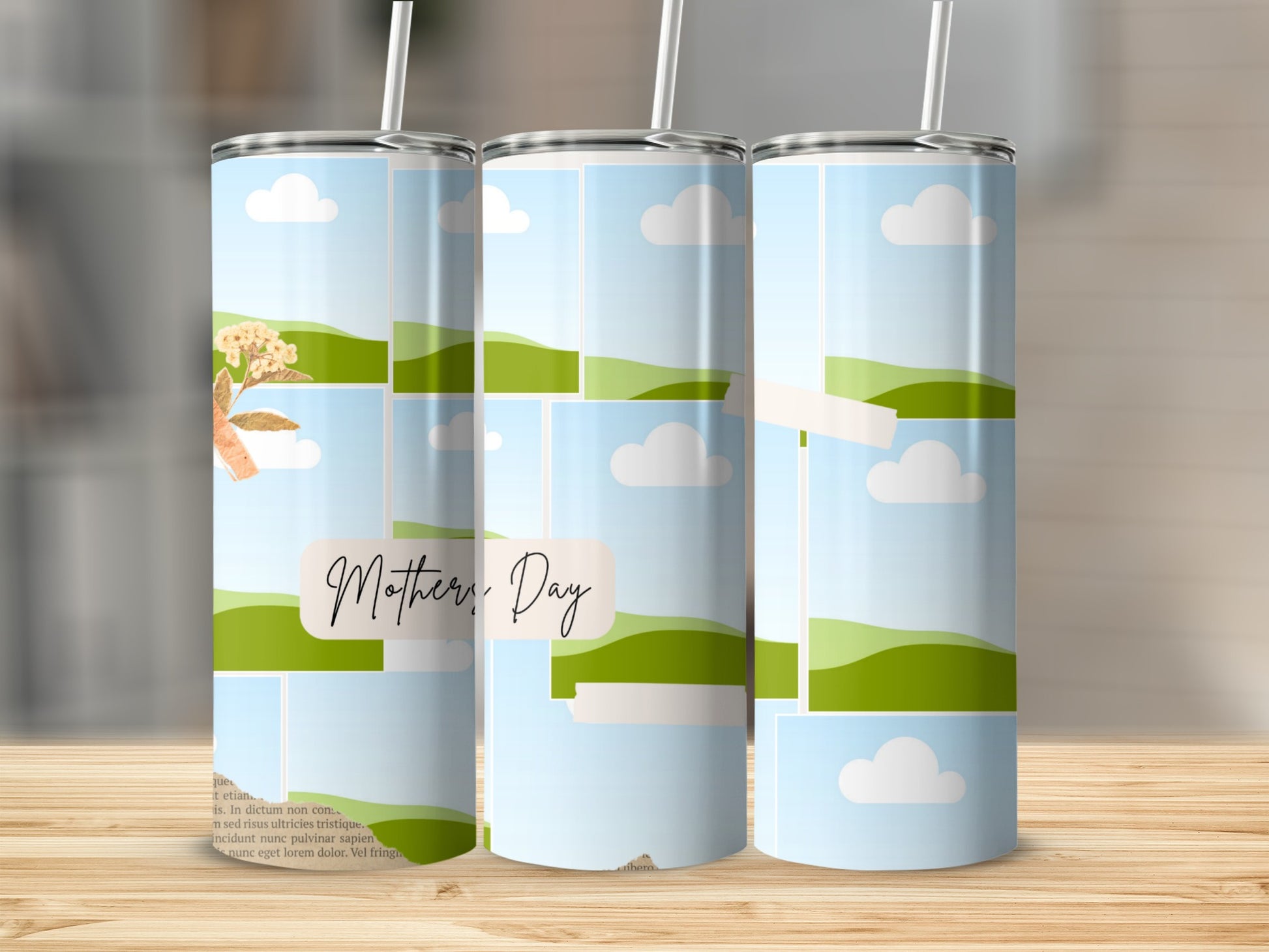 Tumblers with "Mother's Day" text and a collage of sky, clouds, and rolling green hills.