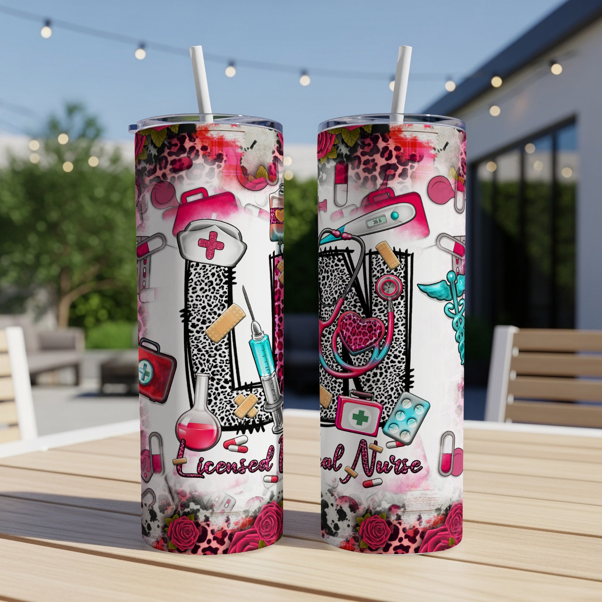 Licensed Nurse tumbler with medical icons and animal print pattern.