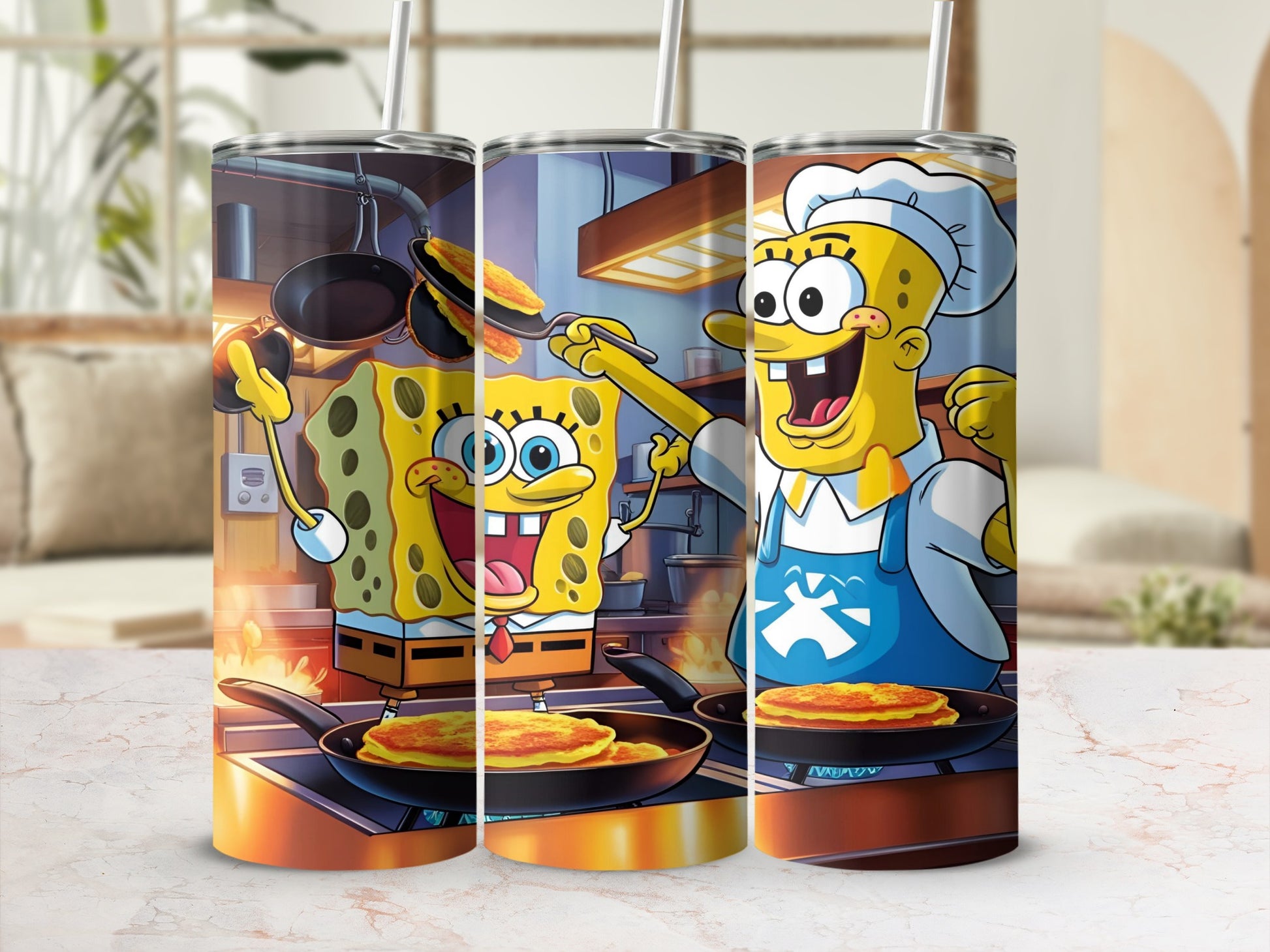 SpongeBob SquarePants characters cooking pancakes on a stovetop.