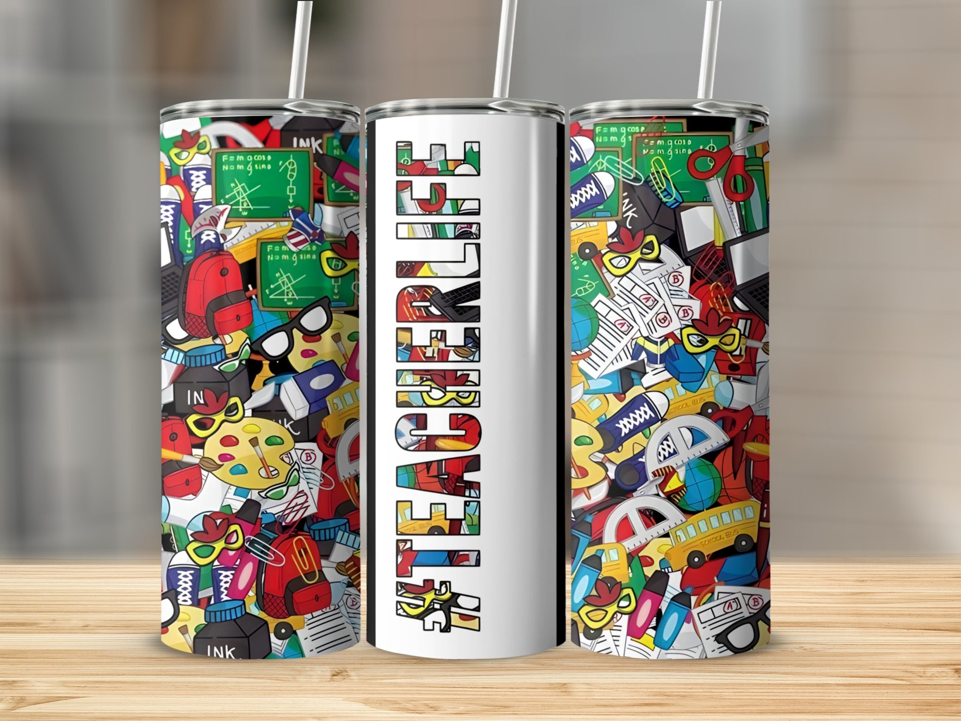 Teacherlife tumbler with school-themed doodles and text.
