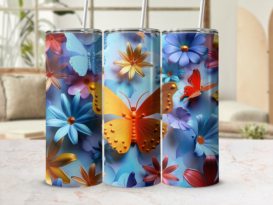 Three tumblers with a butterfly and floral design.