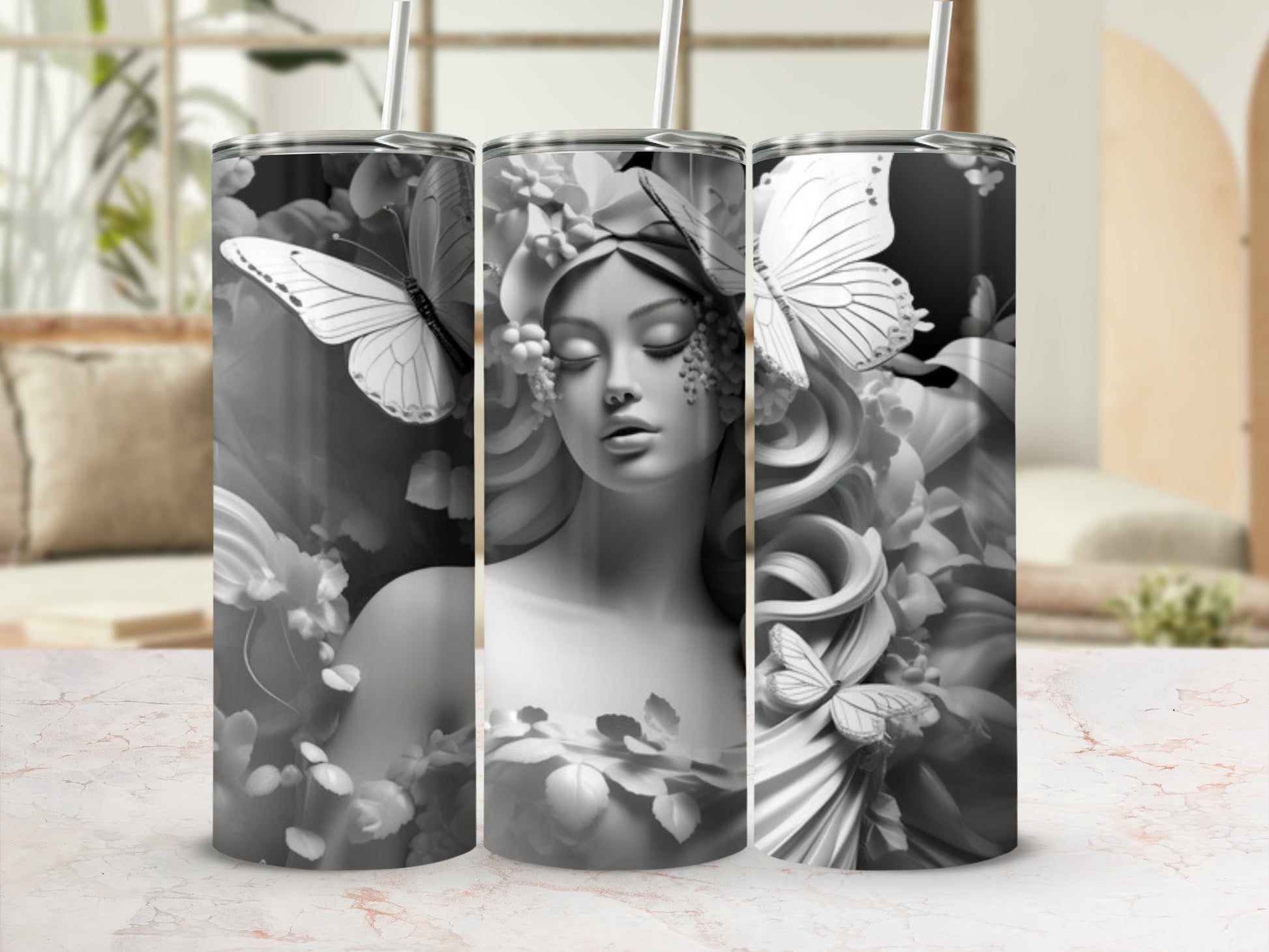 Monochromatic design featuring a woman's face surrounded by flowers and butterflies.