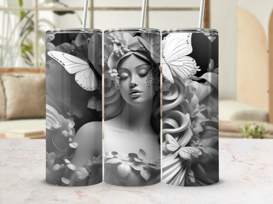 Monochromatic design featuring a woman's face surrounded by flowers and butterflies.