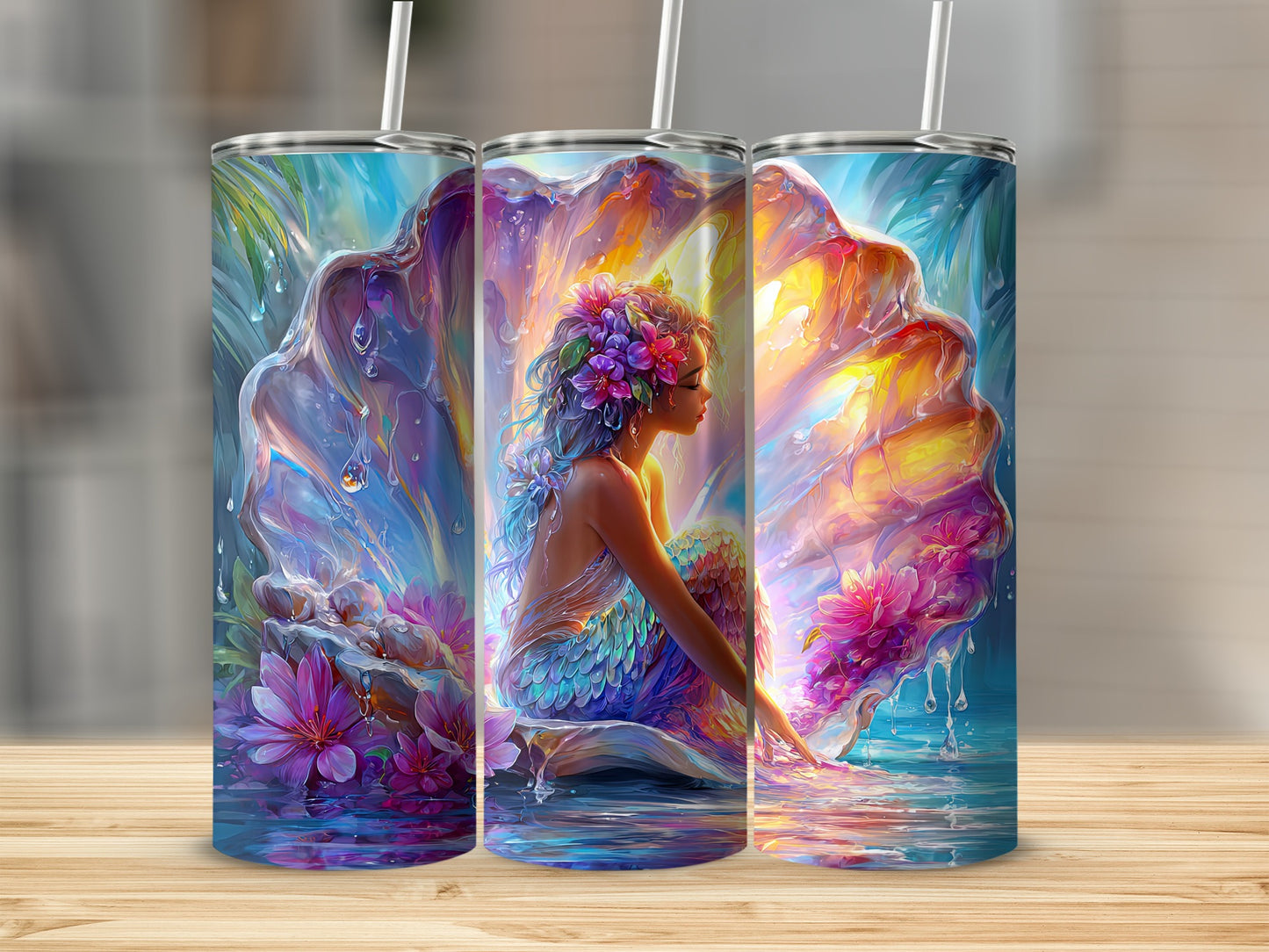 Colorful Mermaid with Shell Art Design Tumbler