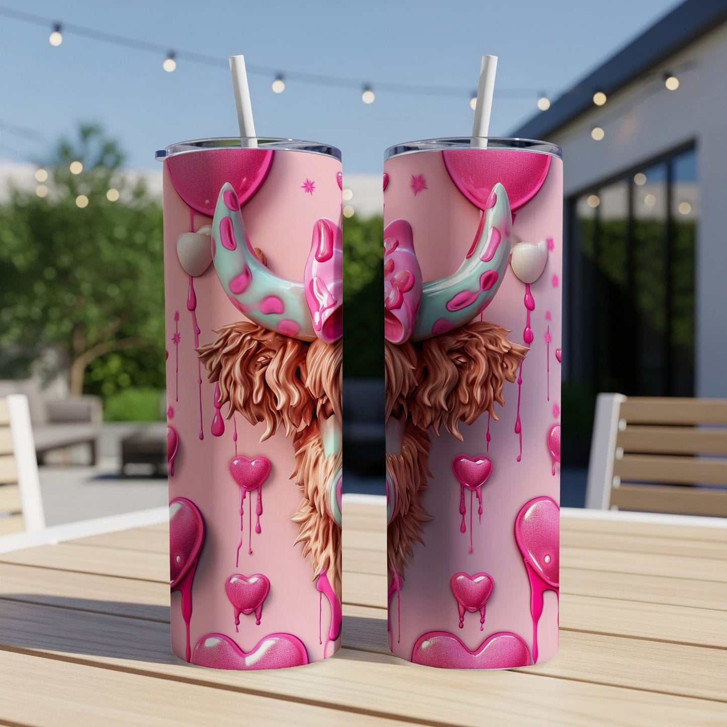 Pink highland cow with teal horns and heart accents on a tumbler.