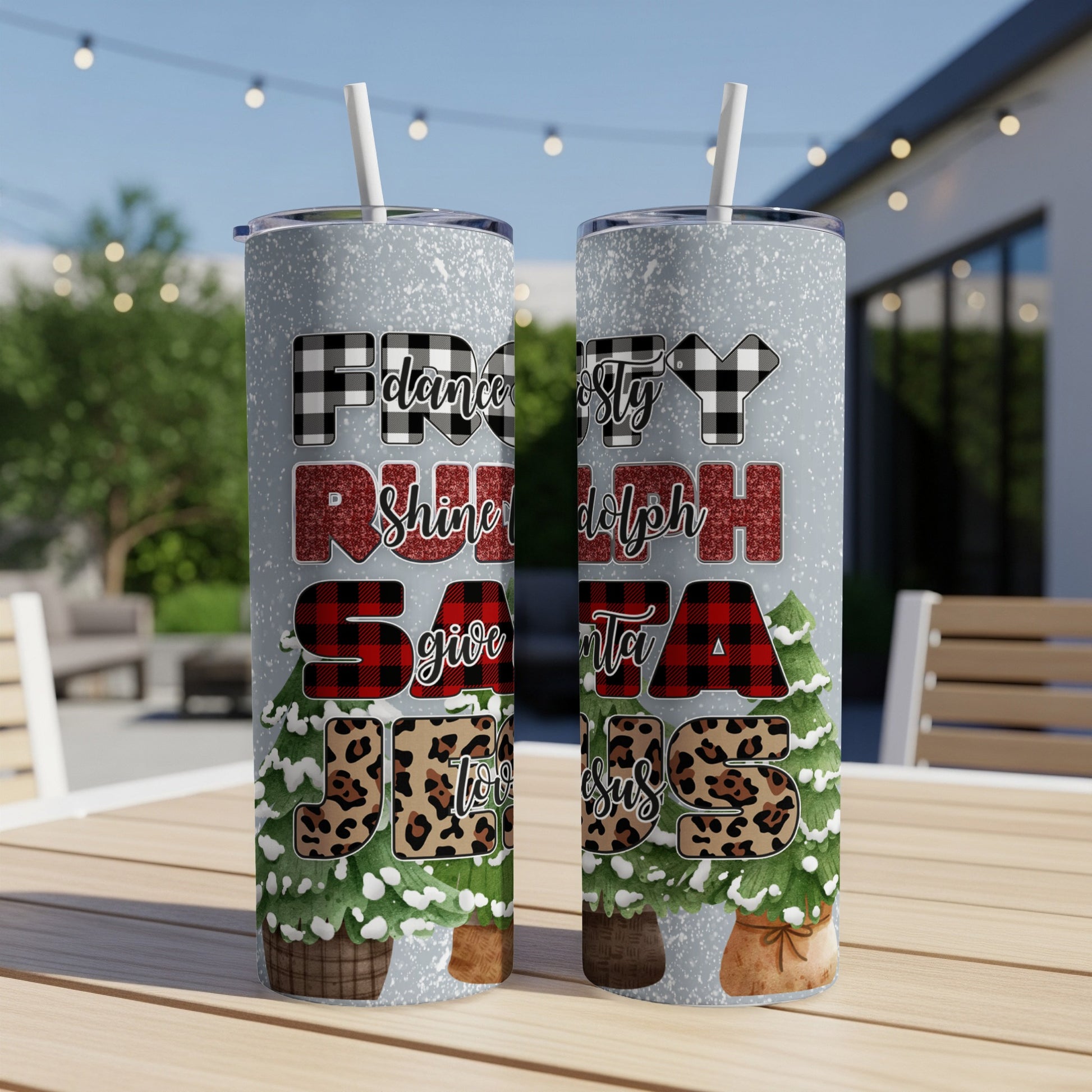 Frosted, shiny, Rudolph, give Santa Jesus tumbler with plaid and Christmas tree graphics.