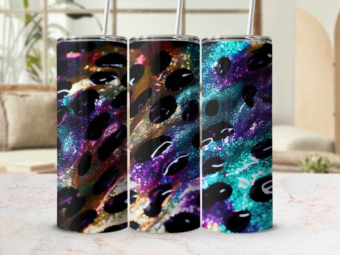Three tumblers with a vibrant, abstract, iridescent leopard print design.