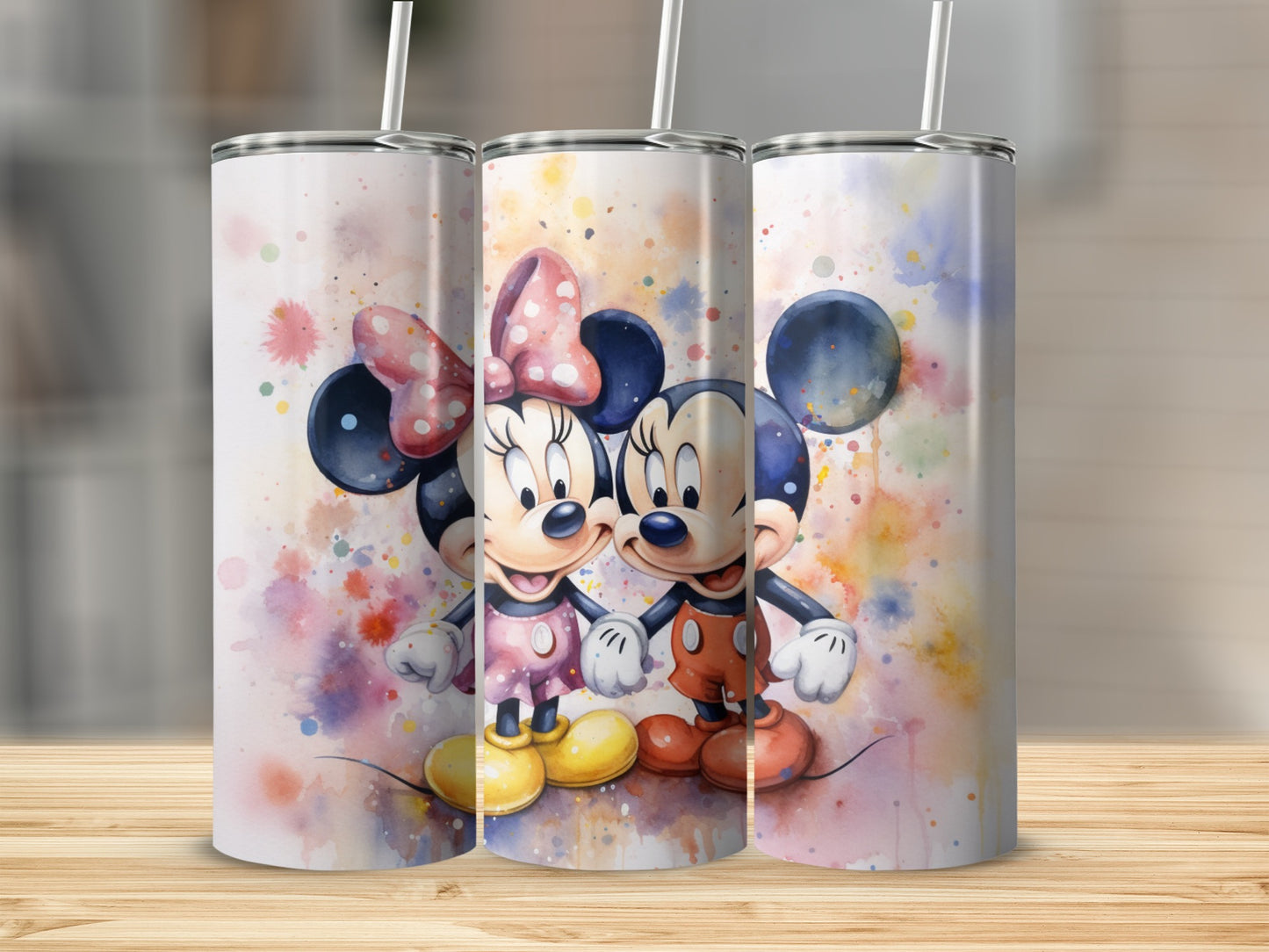 Mickey and Minnie Colorful Watercolor Print Tumbler