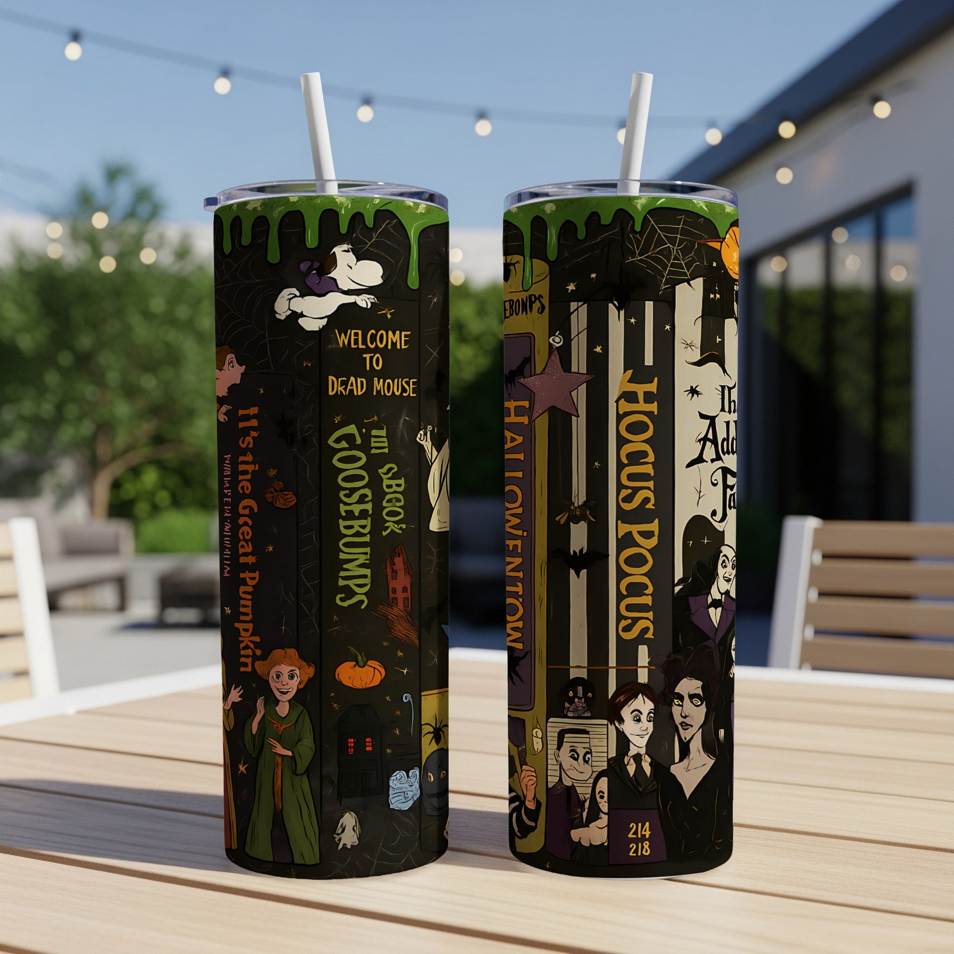 Two tumblers with Halloween designs: Goosebumps and Hocus Pocus themes.