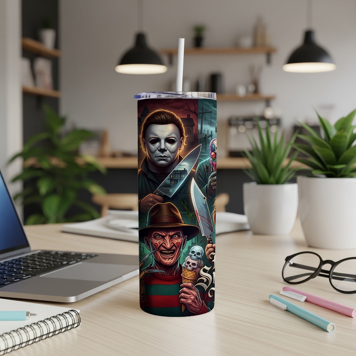 Tumbler with Michael Myers and Freddy Krueger artwork, holding knives and ice cream cones.