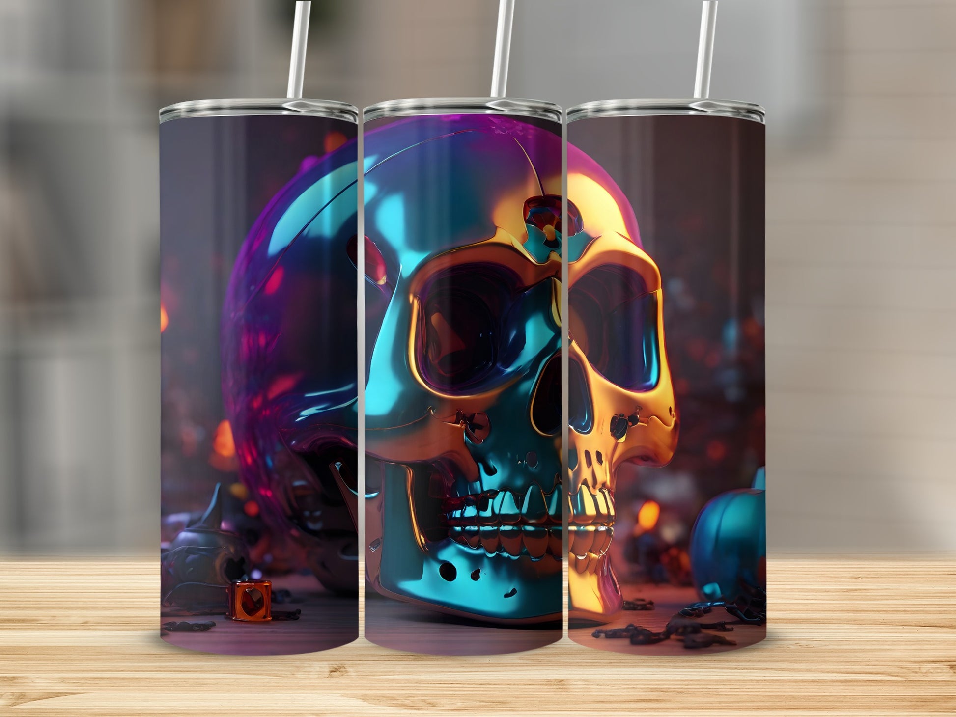 Three metallic skull tumblers with straws on a wooden surface.